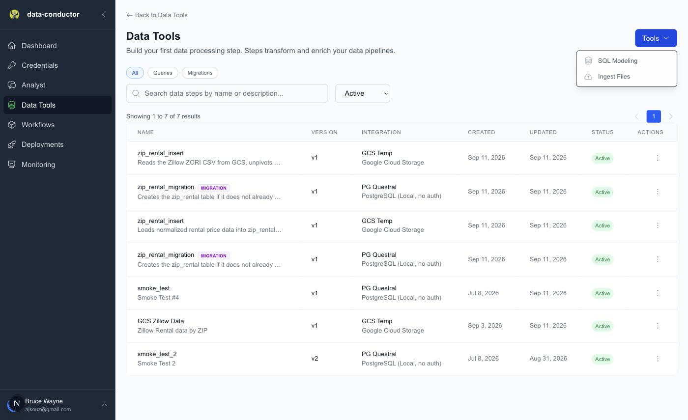 The Tools menu on Data Tools, with SQL Modeling and Ingest Files