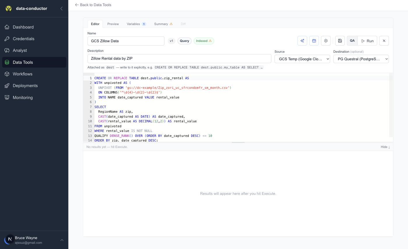 The SQL editor with GCS Temp as source and PG Questral as destination, showing the dest alias hint above a DuckDB query